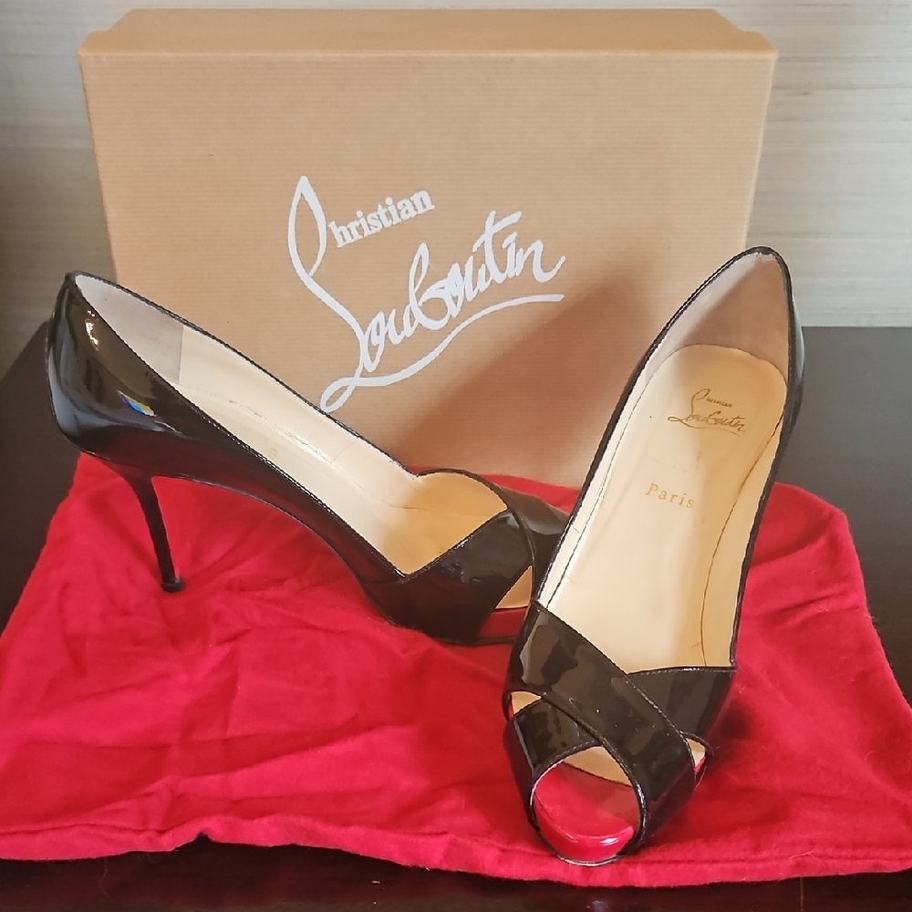 Christian Louboutin Black Patent Peep-Toe Heels